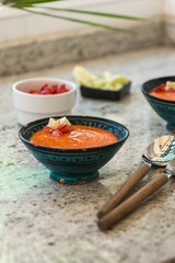 Gazpacho. Spanish Cuisine. Andalusian cold soup served in a ceramic bowl.
