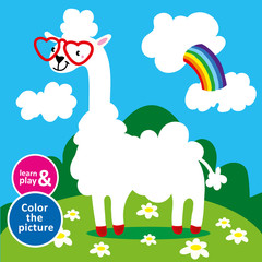 Lama in sunglasses hearts grazing in meadow. Paint the animal using colored pencils. Training of color perception, fine motor skills of children s hands. Vector isolated illustration. Hand draw. © Aliona Luk