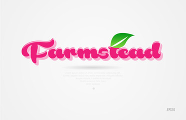 farmstead 3d word with a green leaf and pink color logo