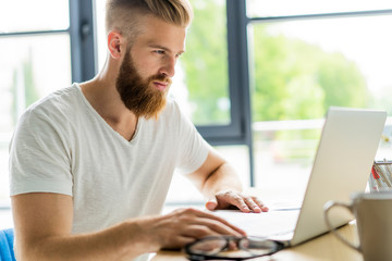 Fototapeta premium Handsome businessman working with laptop in office.