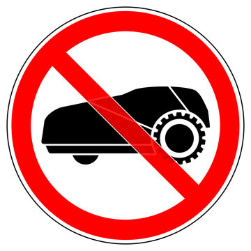 srr424 SignRoundRed - german - Verbotszeichen: M&auml;hroboter verboten - Gartenroboter nicht erlaubt - english - prohibition sign - robot lawn mower - garden robots not allowed / prohibited - red - g6481