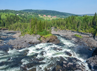 Aerial landscape over Swedish waterfall - Ristafallet