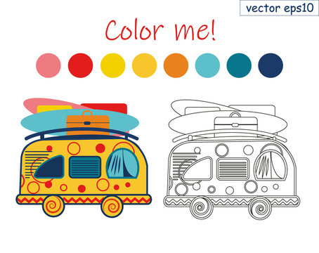 coloring book summer van vector poster. surfing and travelling