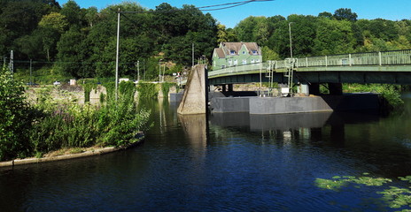 Floating bridge, Ruhr river near Bochum Germany, many details visible such as,   Swimmer pontons,...