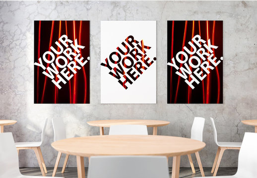 Three Posters on a Dining Room Wall Mockup