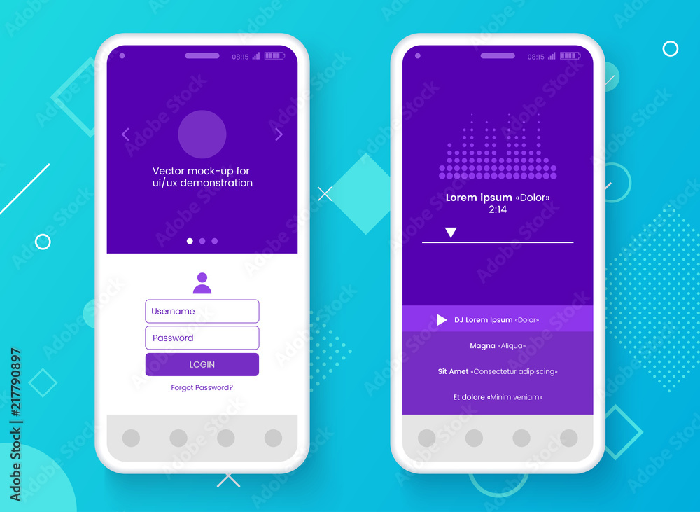 Poster Conceptual mobile phone mock-up for app interface presentation. User interface design concept. Smartphone screen on colorful abstract background. Vector eps 10.