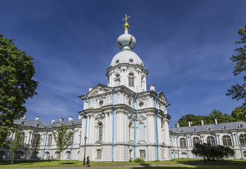 Fototapeta na wymiar North-Eastern tower of the Smolny monastery in St. Petersburg. Church of Catherine at the Widow's house. Saint-Petersburg, Russia
