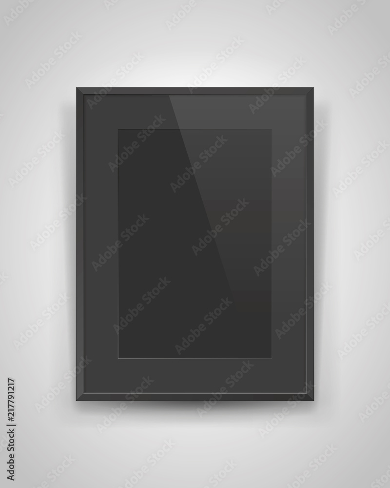 Poster realistic empty rectangular black frame with passepartout on gray background, dark border for your c