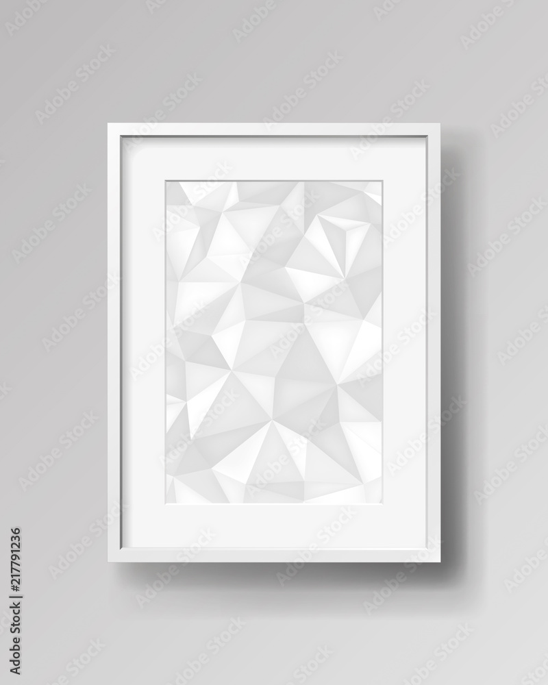Poster realistic empty rectangular white frame with passepartout on gray background, print with a low polyg