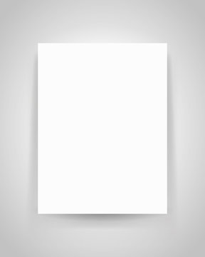 Realistic empty white sheet on gray background, blank for your creative project, mock-up sample, rectangular page on the wall, vector design object