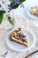 Delicious cheesecake on bright background