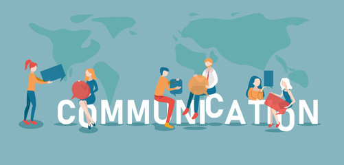 Worldwide communication poster with people. Flat style design.