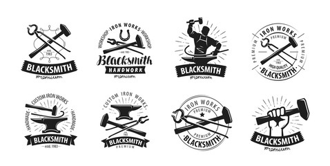 Forge, blacksmith logo or label. Blacksmithing set of icons - obrazy, fototapety, plakaty