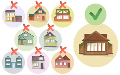 Choosing right house for living, compare different houses and property, making a choice, select and tick home, vector