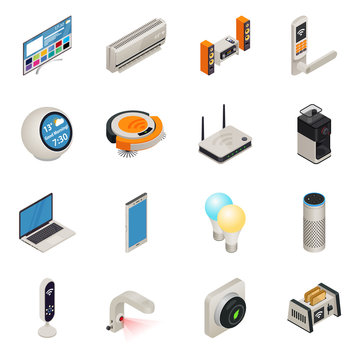 Smart home internet connected devices isometric colorful icon set. Vector illustration