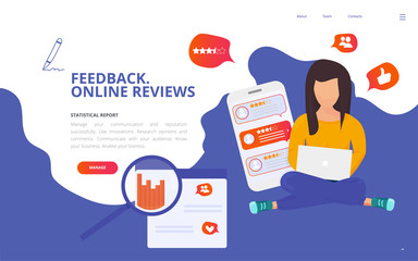 Customer centricity reputation management concept vector illustration. Customer feedback online review site landing page wireframe. Online review report client survey presentation template.