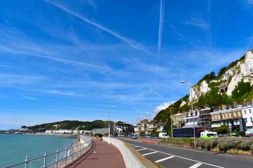 Wide cycle and pathway running parallel to Dover beach. Dover, Kent, UK