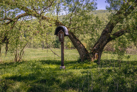 Old wooden cross in Ustrzyki Gorne, small village in Bieszczady National Park, Subcarpathian Voivodeship of Poland