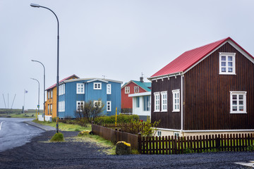 Buildings along main street in Eyrarbakki, small village in southern Iceland