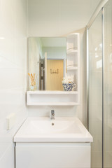 Modern wash basin sink counter with dispenser and mirror bathroom interior contemporary