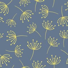 Yellow abstract flowers on blue seamless vector background. Scandinavian style. Abstract Dandelion wildflower pattern. Great as simple background for websites, banners, fabric, paper, wallpaper, cards