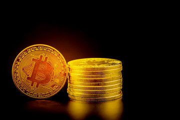 Golden bitcoin is currency digital money with crypto, coin with trade isolated on black background, business and finance concept.