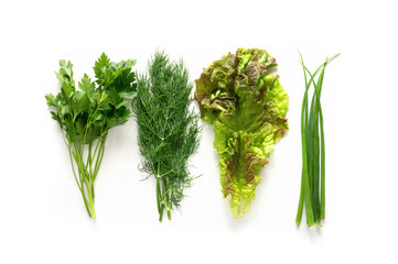 Collection of fresh green spice and herbs. Isolated green onion, parsley, dill and salad. Healthy aromatic flavour greenery.