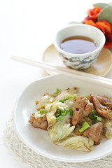Chinese food, cabbage and chicken stir fried