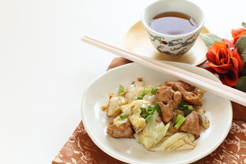 Chinese food, cabbage and chicken stir fried