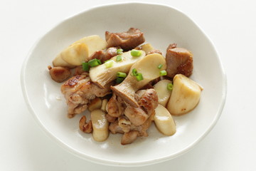 Japanese food, Erigin mushroom and spring onion stir fried for vegetarian food image