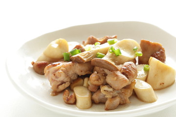 Japanese food, Erigin mushroom and spring onion stir fried for vegetarian food image