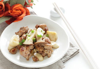Japanese food, Erigin mushroom and spring onion stir fried for vegetarian food image
