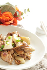 Japanese food, Erigin mushroom and spring onion stir fried for vegetarian food image