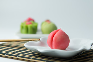 Japanese traditional confectionery cake wagashi served on plate