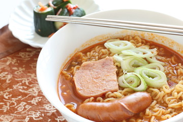 Korean style ramen noodles, luncheon meat and sausage with scallion