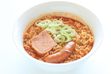 Korean style ramen noodles, luncheon meat and sausage with scallion