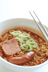 Korean style ramen noodles, luncheon meat and sausage with scallion
