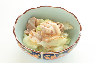 japanese food, boiled pork belly on cabbage with sesame sauce
