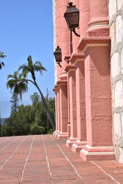 Front facade of the Santa Barbara Mission in California built in 1820