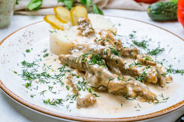 Stroganoff on white plate
