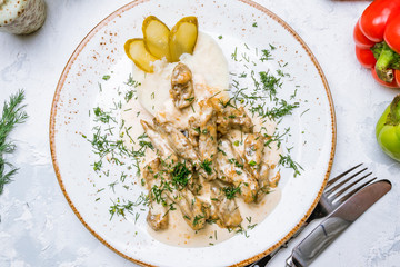 Stroganoff on white plate