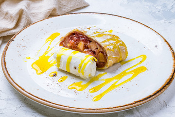Apple strudel with ice cream
