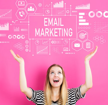 Email marketing with young woman reaching and looking upwards