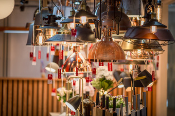 Background, lamps made of wood, components, used home decor, garden, restaurant To be more beautiful.