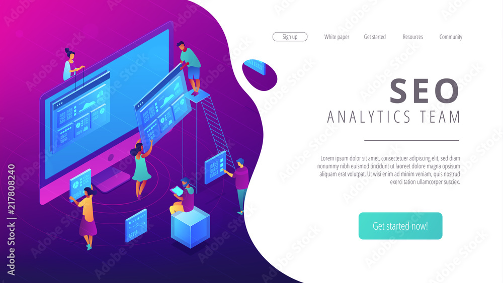 Aufkleber isometric seo specialists working with web pages and charts landing page. seo analysis and optimizat