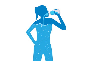 Woman drinking pure water into her body. Illustration about healthy lifestyle.