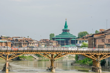 Srinagar, Jammu and Kashmir, India - July 4, 2017 : Old town Srinagar, ancient wooden and stone houses at Srinagar old city, Srinagar, Kashmir, India.