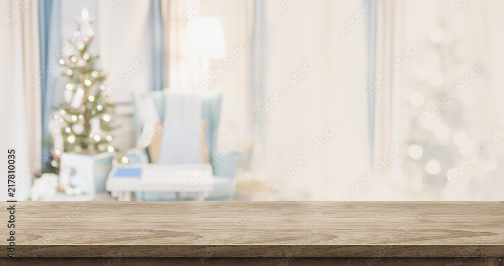 Aufkleber empty wood table top with abstract warm living room decor with christmas tree blur background with b