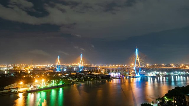 4K Time lapse of the Bhumibol Bridge or Industrial Ring Road Bridge, Traffic on road and Chao Phraya River, Bangkok Thailand. 
