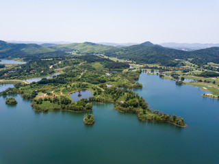 The ginkgo lake view from a drone in the air on a sunny day in Nanjing city